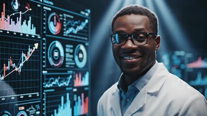 A smiling scientist in a lab coat stands in front of a wall of data screens displaying complex graphs and charts, signifying scientific research and data analysis - Powered by Adobe