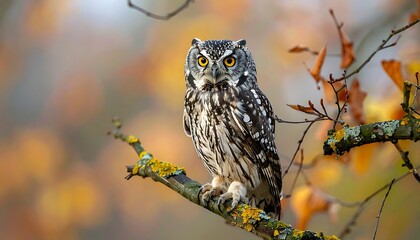 Owl perched on a branch with colorful autumn foliage in the background