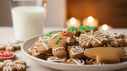 Festive Christmas cookies arranged on white plate with detailed icing decoration. Assorted gingerbread Christmas cookies including gingerbread man, snowflake, and star shapes, served with milk.