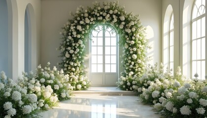 Fototapeta premium Wedding arch of white flowers indoors with natural light from windows. Floral decorations create romantic entrance. Venue setup for celebration ceremony.