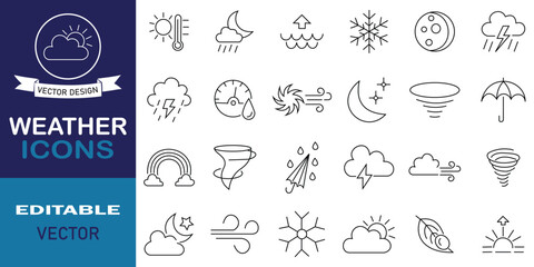 Weather thin line icons set. Editable vector symbols of cloudy, rainy, thunderstorm, sunny day, wind, dew and more concept. Weather forecast symbol. Vector illustration.