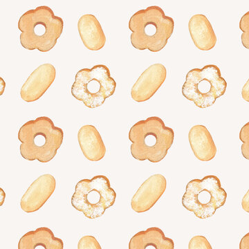 Seamless watercolor Italian biscuit pattern featuring canestrelli and lingue di gatto cookies, hand painted European bakery sweets repeat background for textile, wrapping paper and packaging design