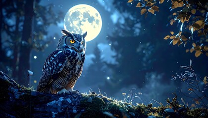 Owl perched on mossy rock at night, with bright moon in the background in the dim forest
