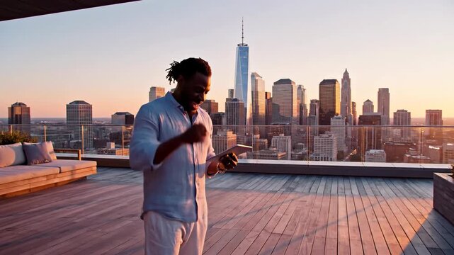 Happy man enjoying the vibrant energy of a metropolitan cityscape from a high-rise outdoor deck, soaking in the panoramic urban views during the golden hour