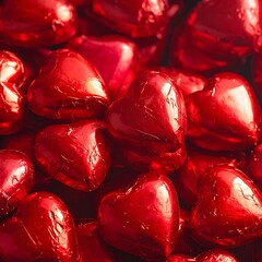 Pile of red, foil-wrapped heart candies, reflecting light. Close-up shot with shiny wrappers in various orientations