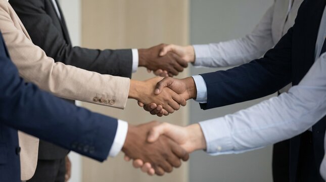 Three business professionals shaking hands in a formal agreement setting - Powered by Adobe