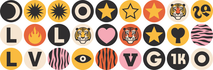 Retro Circular Icons with Tigers, Stars, Hearts, and Letters symbols graphics