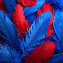 Pile of red and blue feathers create abstract pattern, vivid, close up, detailed texture, airy
