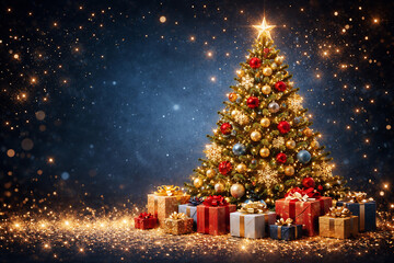 Christmas Elegant holiday celebration with glittering particles and Festive christmas tree with gifts and colorful ornaments on green background. copy space
