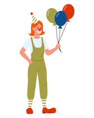 Clown in green jumpsuit holding balloons. Cheerful clown in festive cap. Flat vector illustration. Collection of Professions