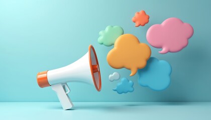 White megaphone emits colorful speech bubbles in a stylized graphic. Represents public speaking, ideas, and concepts in a modern abstract style. Communication and ideas.