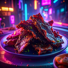 Pile of red jerky, garnished, atop a black plate, neon city background