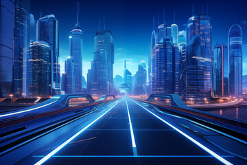 A high-tech city highway with transparent roads and automation.