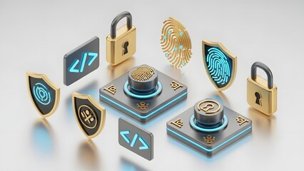 Cyber security elements with padlocks and coding symbols in 3d illustration