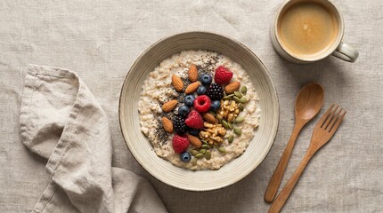 A bowl of creamy oatmeal topped with fresh berries, almonds,pumpkin seeds and chia seeds accompanied by a cup of coffee on a light-colored cloth.