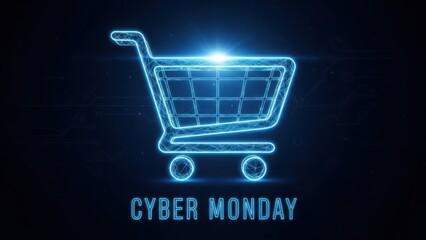 Glowing blue shopping cart icon with digital network lines represents Cyber Monday online sale. Abstract technology background emphasizes prominent text for huge discounts during Cyber Monday event.