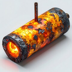 Oxidized metal cylinder with pipe, bright interior glow, against a neutral backdrop