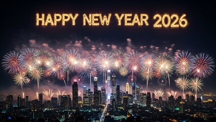 Happy New Year 2026 Fireworks Over City Skyline