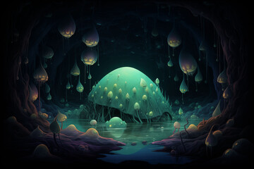 A colossal alien creature sleeps inside a cave filled with water sacs.