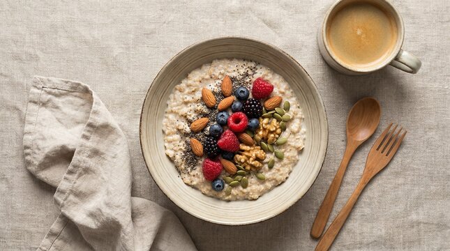A bowl of creamy oatmeal topped with fresh berries, almonds,pumpkin seeds and chia seeds accompanied by a cup of coffee on a light-colored cloth.