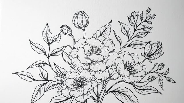 Elegant black and white floral line art illustration with intricate details and gentle shading