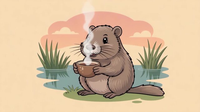 Relaxed nutrea sitting on lily pad drinking from mug at sunset
