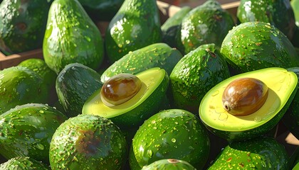 Pile of ripe avocados, some halved exposing creamy yellow flesh and brown pit, with water droplets in a box