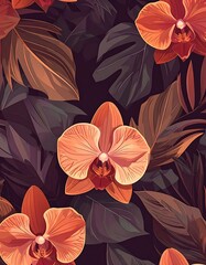 Pattern of orchids and tropical leaves in warm, autumnal colors with a dark background creates a lush texture