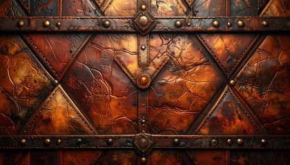 Oxidized metallic panels, rivets, and diamond-shaped accents create a weathered, symmetrical, textured pattern