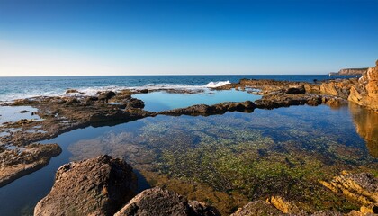 Rocky Coastline Shallow Pools And Clear Blue Sky