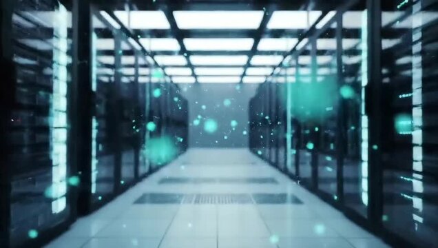 Futuristic server room with glowing blue lights and sleek architecture