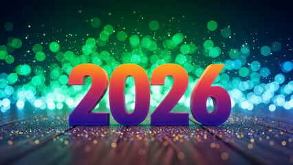 Dynamic three-dimensional 2026 numbers featuring a vivid colorful gradient against a sparkling bokeh background representing a festive new year celebration