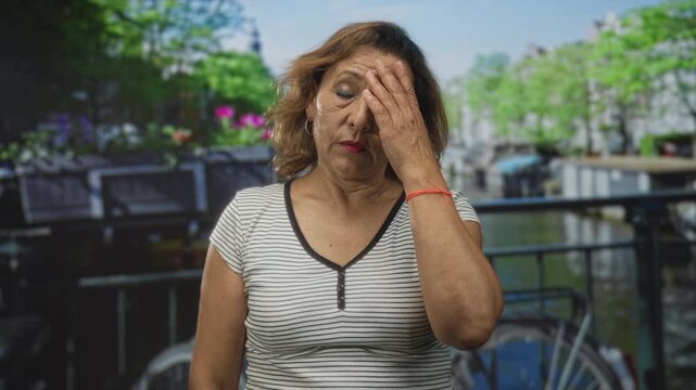 Middle aged woman holds forehead with hand on street by canal waterway and railing; fatigue introspection.