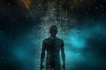 A human silhouette filled with tiny particles of information floating in the air.