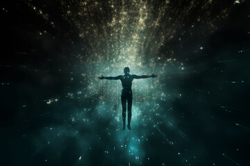 A human silhouette filled with tiny particles of information floating in the air.