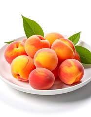 Pile of ripe peaches, pink and orange, on white plate with green leaves, against a stark white background
