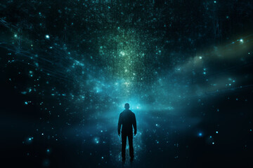 A human silhouette filled with tiny particles of information floating in the air.