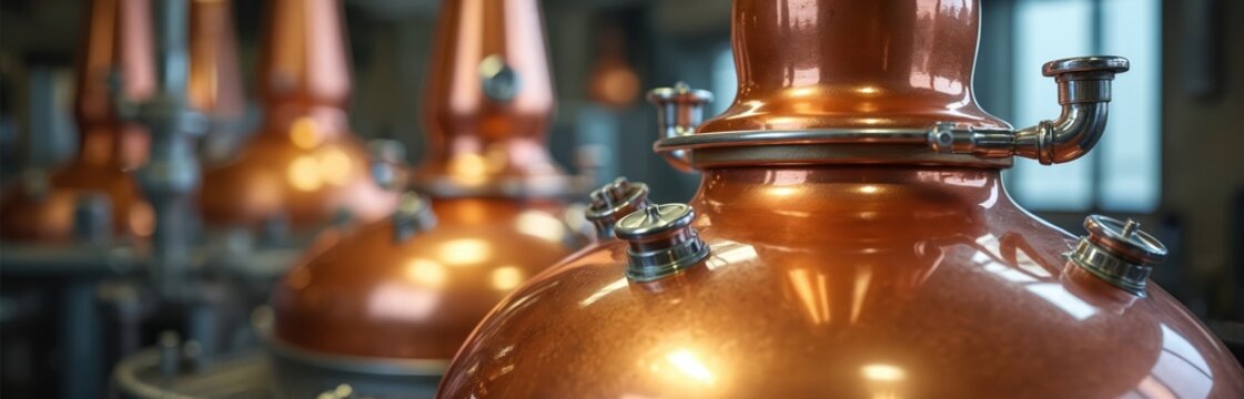 Copper alembic stills gleam in distillery. Artisanal spirits production process, crafting fine gin with botanicals. Small batch brewing, traditional heritage methods.