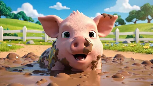 Baby pig rolling happily in muddy ground with playful energy in cheerful 3D cartoon animation
