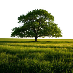 Lone tree in a green field isolated on white background, illustration