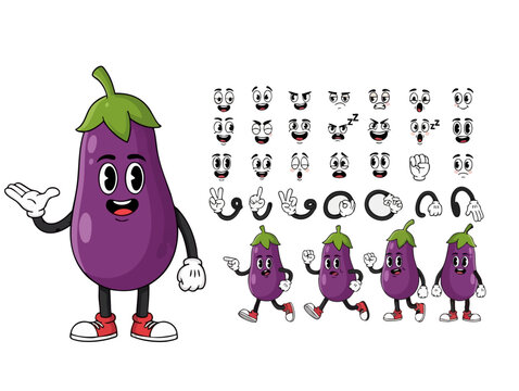 Retro cartoon brinjal character сonstruction kit with faces, hands in gloves gesture and legs poses. Cool brinjal mascot slice for fast food cafe brinjal logo, groovy vector set 