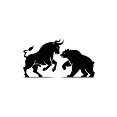 Obraz premium Black silhouette of bull and bear facing each other on white background