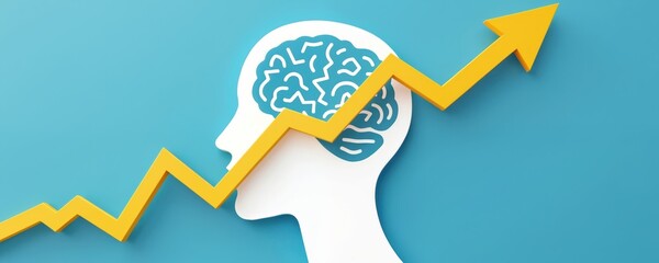 Conceptual graphic shows head silhouette with brain inside and upward trending arrow. Symbolizes mental growth, success, finance, strategy, and business development.