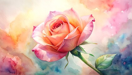 Pink rose bloom with swirling pastel watercolor backdrop, capturing soft light and delicate textures in a vibrant display