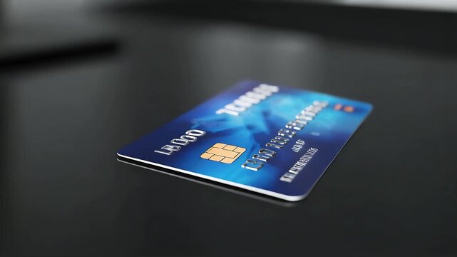 Close-up of a credit card on a reflective surface, showcasing its design and chip