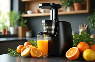 Modern black electric juicer making fresh orange juice in kitchen. Whole and sliced citrus fruits sit on counter next to glass filled with vibrant beverage. Healthy lifestyle preparation.