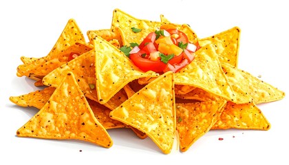 Pile of triangular chips topped with chopped tomatoes, onion, and cilantro against a stark white background