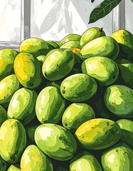 Pile of vibrant green and yellow mangoes, softly lit, casting subtle shadows beneath a window with leafy greens