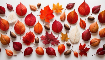 Autumn Leaves And Acorns Scatter Across White In A Cozy Festive Repeat Warm Reds Oranges And Browns Evoke Seasonal Charm Perfect For Fall Themed Designs