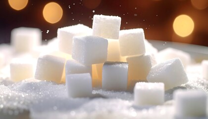 Pile of white sugar cubes resting on granulated sugar with bokeh lights in the background, creating soft focus